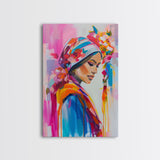 Portrait of Woman in Floral Headscarf Framed Canvas Print - Elegant Wall Art, Feminine Living Room Decor, Artistic Bedroom Art
