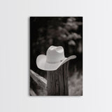 Cowboy Hat on a Wooden Fence Post in Rustic Black and White Photography for Western Home Decor, Canvas Prints, Wall Art for Living Room