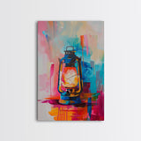 Brightly Painted Oil Lamp - Framed Canvas Print, Vibrant Western Art, Rustic Lamp Wall Art for Living Room Decor