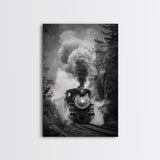 Steam Locomotive in the Forest Black and White Photography - Framed Canvas Print, Railroad Art, Vintage Train Wall Art for Home