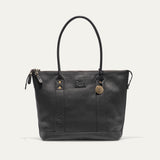 Will Leather Goods black pebbled leather zip tote, front view with both handles raised and brass WILL charm