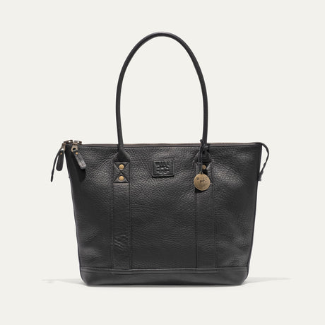 Will Leather Goods black pebbled leather zip tote, front view with both handles raised and brass WILL charm