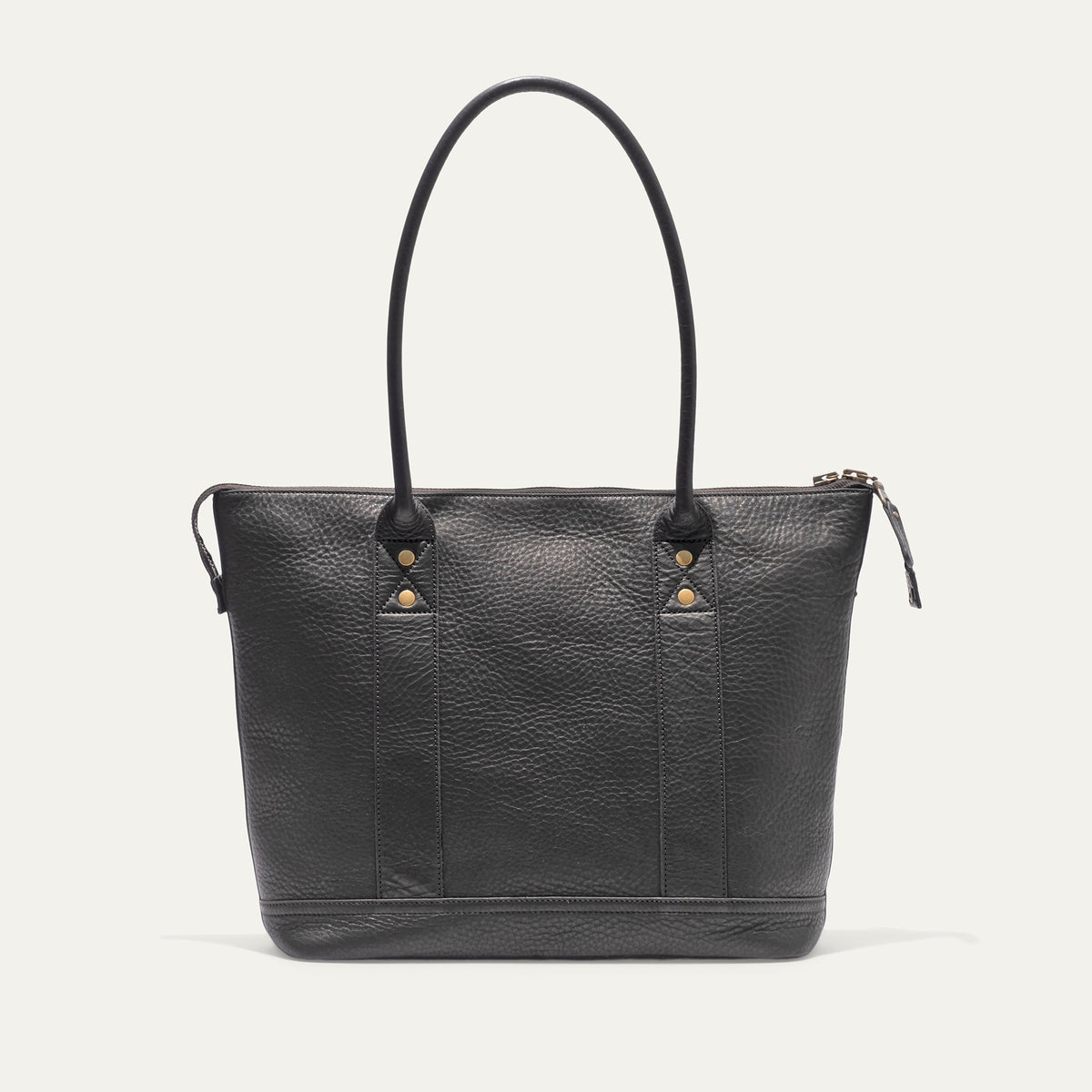 Black pebbled leather zip tote, straight-on front view showing the WILL brand patch and zip pull
