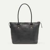 Black pebbled leather zip tote, straight-on front view showing the WILL brand patch and zip pull