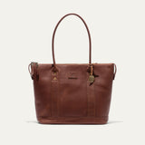 Will Leather Goods dark cognac pebbled leather zip tote, front view with both handles raised
