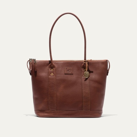 Will Leather Goods dark cognac pebbled leather zip tote, front view with both handles raised