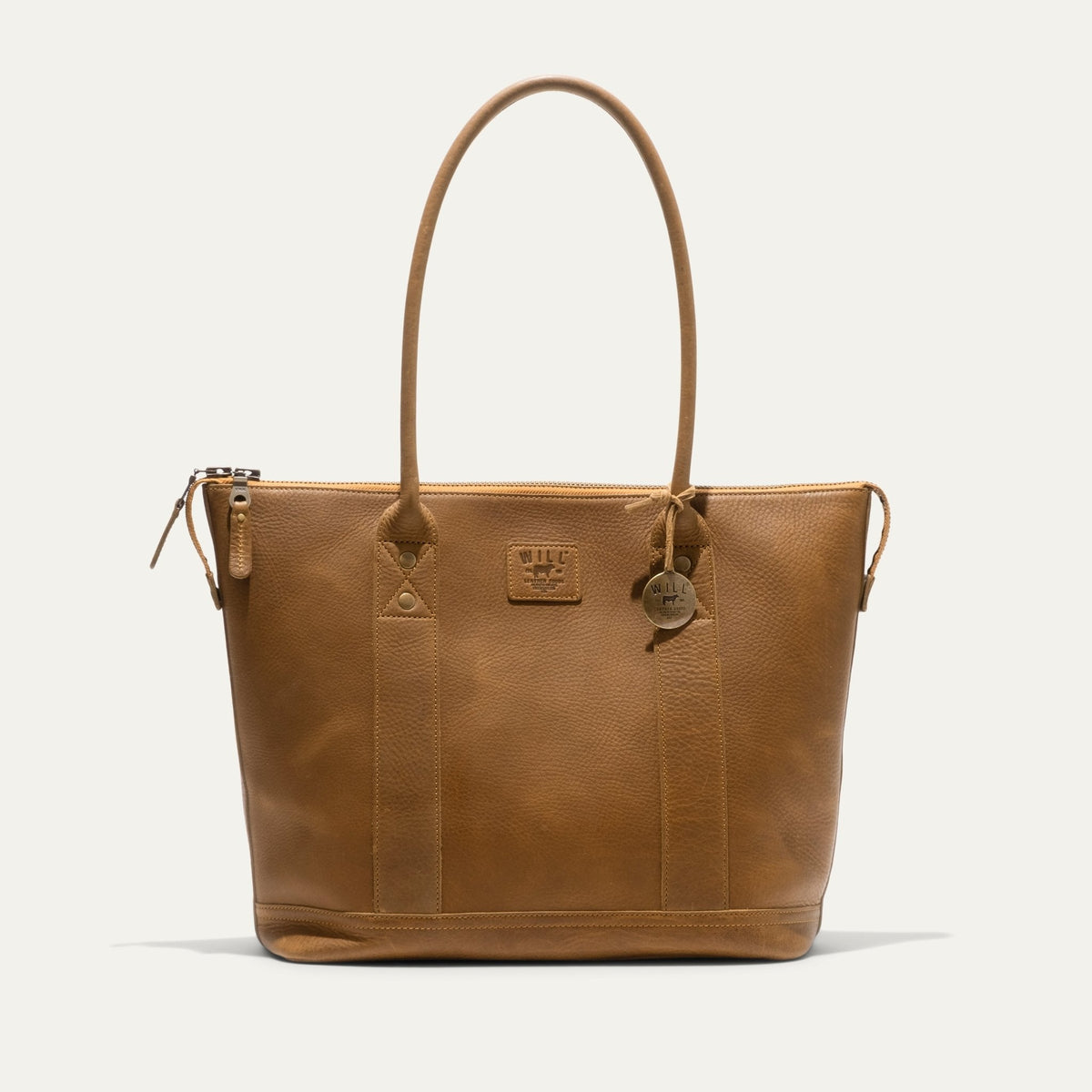 Will Leather Goods tan pebbled leather zip tote, front view with both handles raised