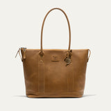 Will Leather Goods tan pebbled leather zip tote, front view with both handles raised