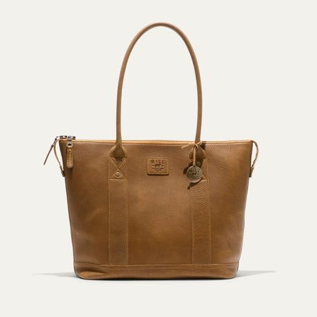 Will Leather Goods tan pebbled leather zip tote, front view with both handles raised