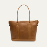 Tan pebbled leather zip tote, straight-on front view showing the WILL brand patch and zip pull