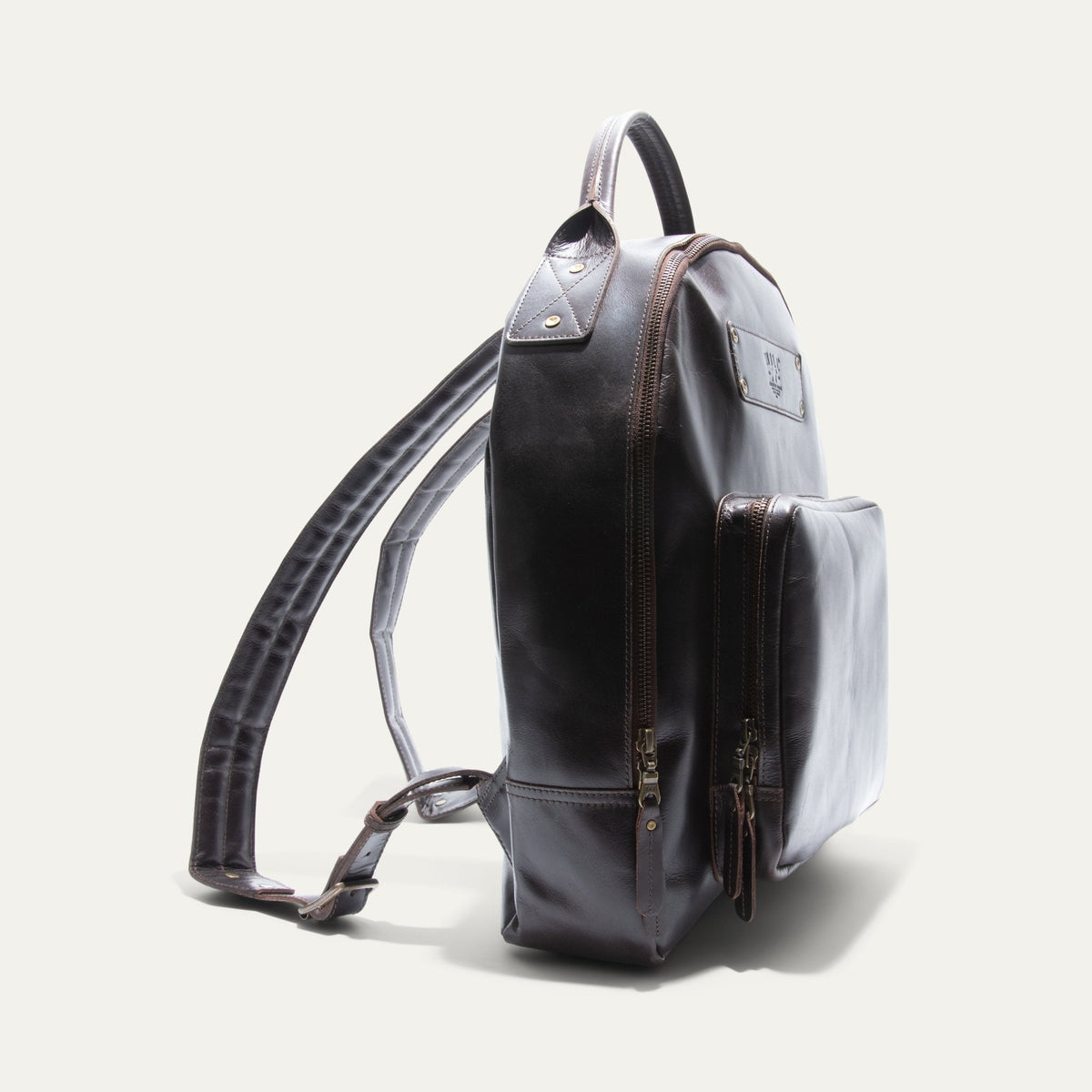 Side view of the dark brown leather backpack showing its rounded profile, front zip pocket, and adjustable shoulder strap.