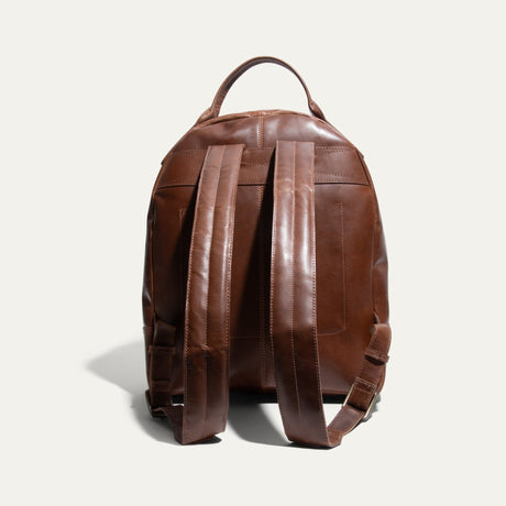 Back view of the tan leather backpack showing the top handle and two adjustable shoulder straps.
