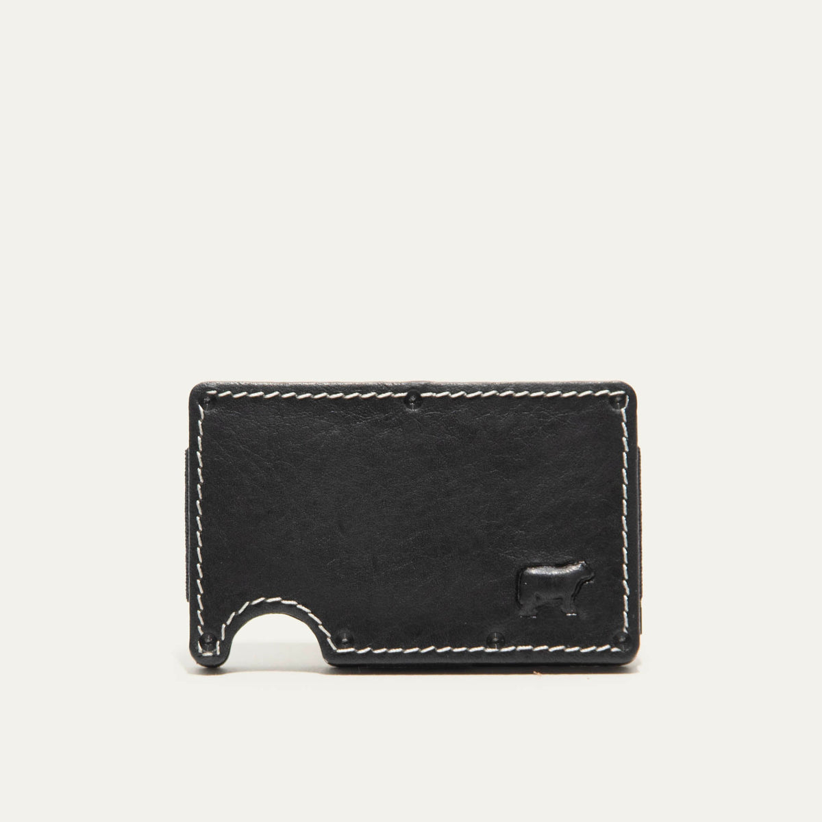 Mondrian Card Case by WILL Leather Goods in black leather, rear panel view with white contrast stitching and embossed WILL Leather Goods dog logo, steel money clip visible at the edge.