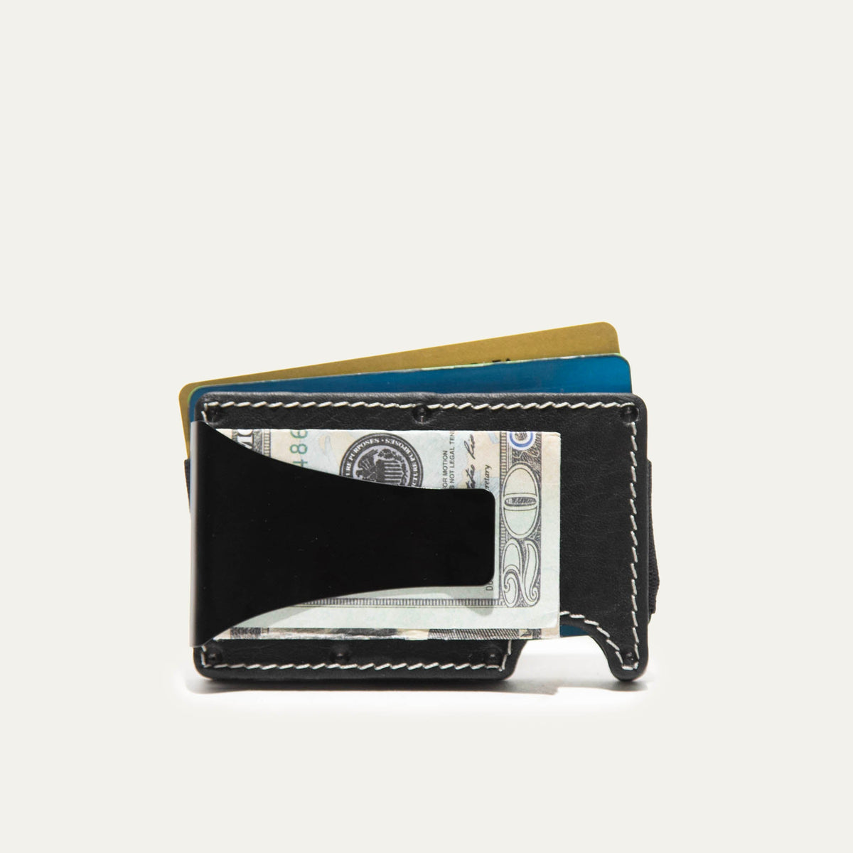 Mondrian Card Case by WILL Leather Goods in brown leather, rear panel view with white contrast stitching and embossed WILL Leather Goods dog logo, steel money clip visible at the edge.