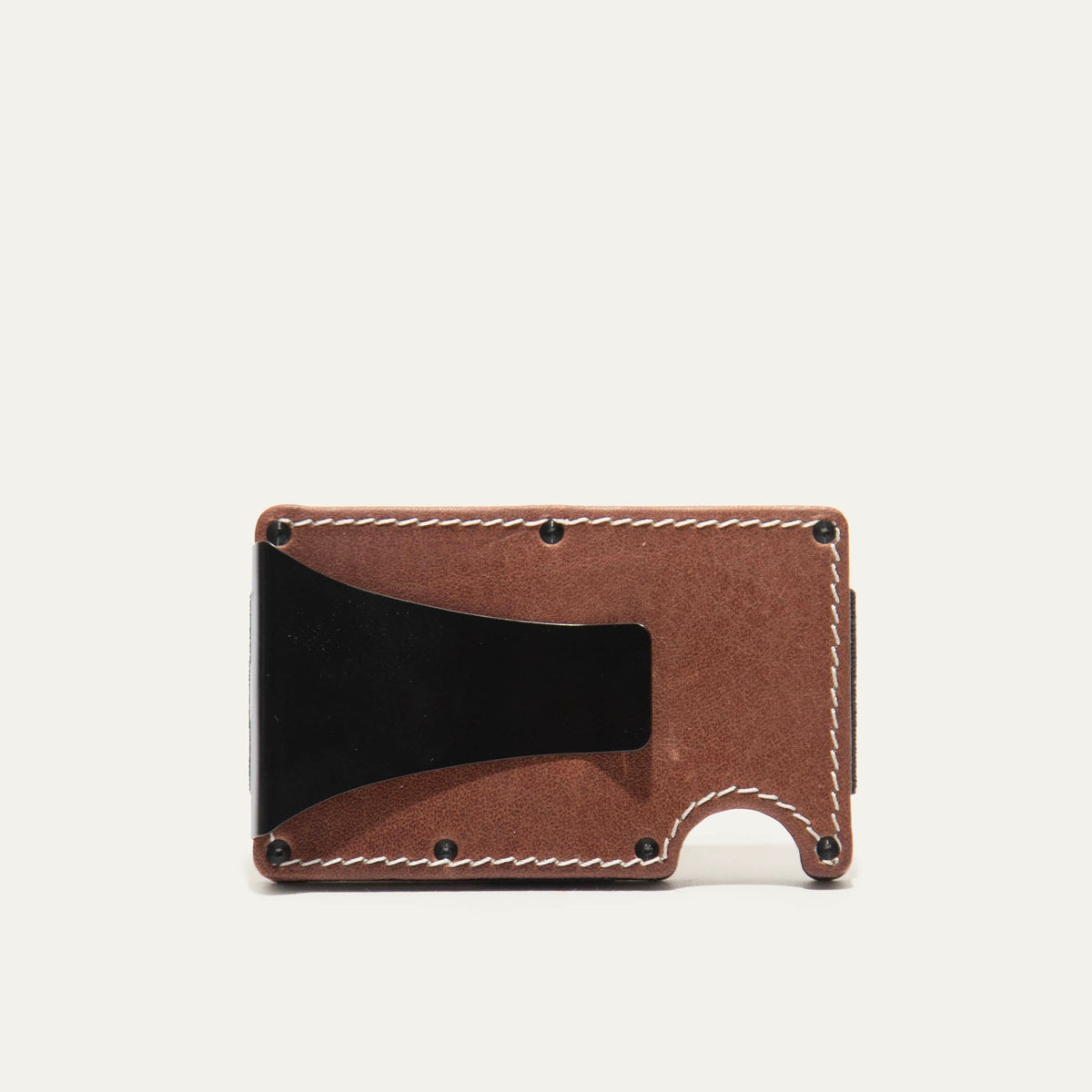 Mondrian Card Case by WILL Leather Goods in brown leather, rear panel angled view with white contrast stitching and embossed WILL Leather Goods dog logo.