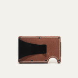 Mondrian Card Case by WILL Leather Goods in brown leather, rear panel angled view with white contrast stitching and embossed WILL Leather Goods dog logo.