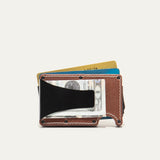 Mondrian Card Case by WILL Leather Goods in brown leather, angled view with credit cards and folded cash fanned out from the steel money clip.