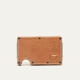 Mondrian Card Case by WILL Leather Goods in natural tan leather, rear panel view with white contrast stitching and embossed WILL Leather Goods dog logo, steel money clip visible at the edge.