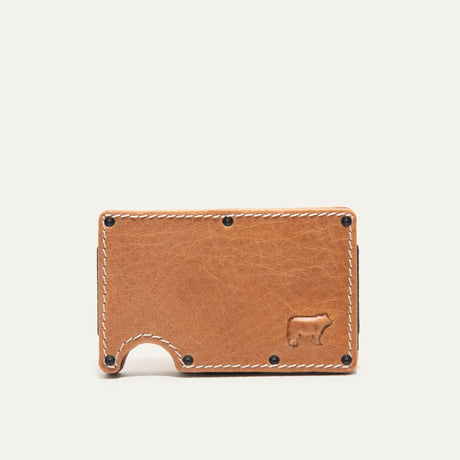 Mondrian Card Case by WILL Leather Goods in natural tan leather, rear panel view with white contrast stitching and embossed WILL Leather Goods dog logo, steel money clip visible at the edge.