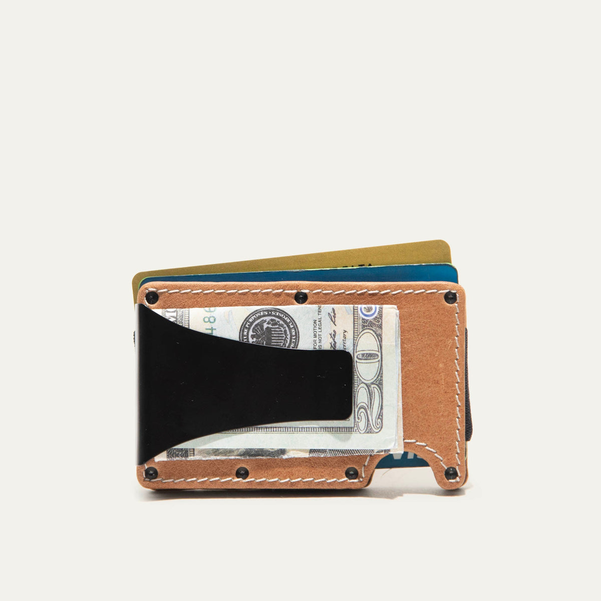 Mondrian Card Case by WILL Leather Goods in natural tan leather, front view with credit cards and folded cash held by the steel money clip.
