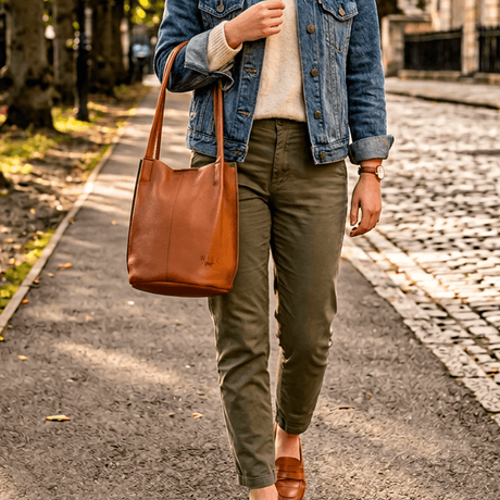 Lifestyle photo of a woman walking outdoors carrying the caramel leather bucket bag over her shoulder with a denim jacket