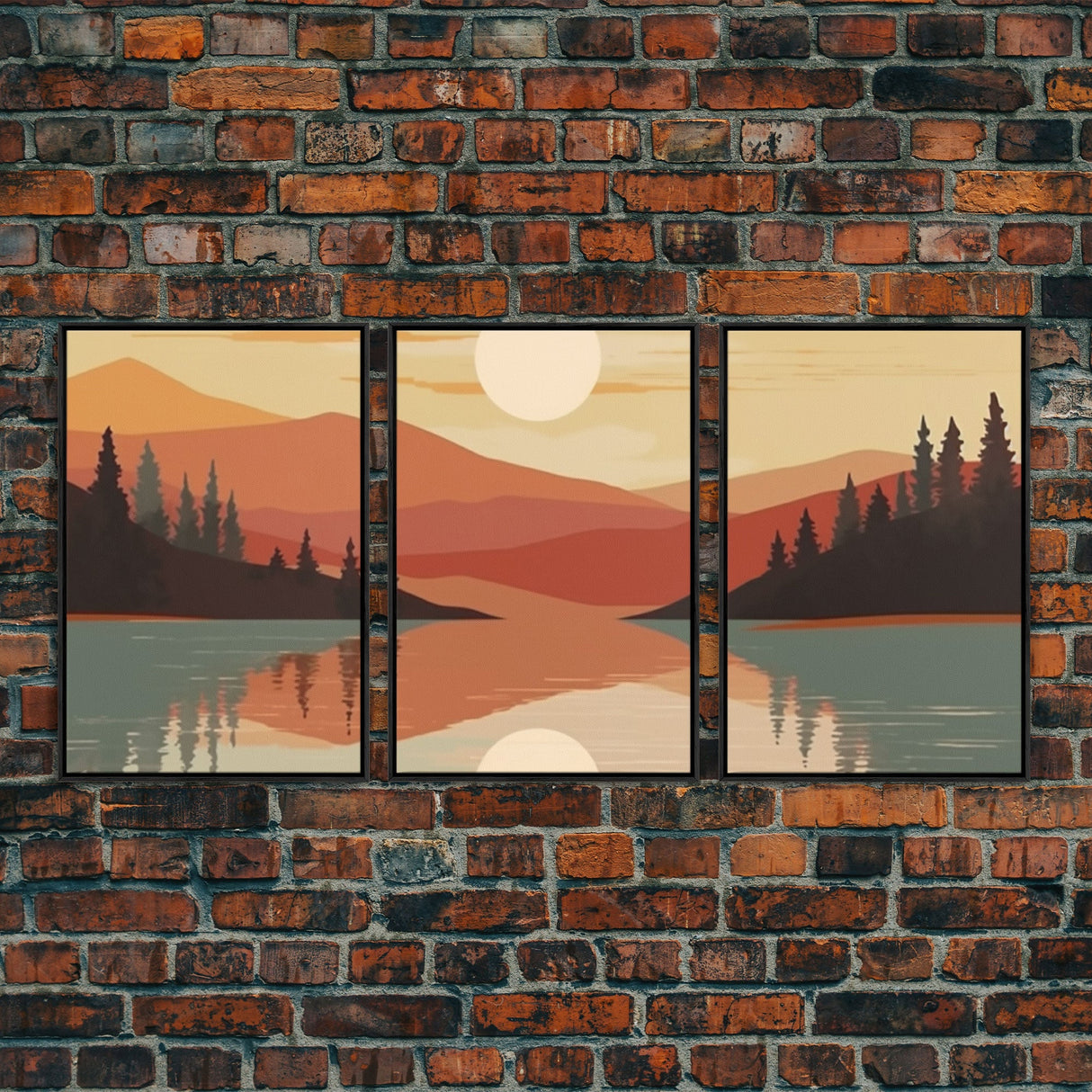 Framed Canvas Wall Art Set of 3 Sunset Forest Landscape Abstract Illustrations Prints Modern Art Minimalist Boho Wall Decor, 3 Piece Art