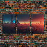 Cyberpunk Cityscape, Cyberpunk Concept Art at Sunset, Cool mancave art, 3 Piece Canvas Decor, 3 Piece Wall Art, Ready To Hang Canvas Prints