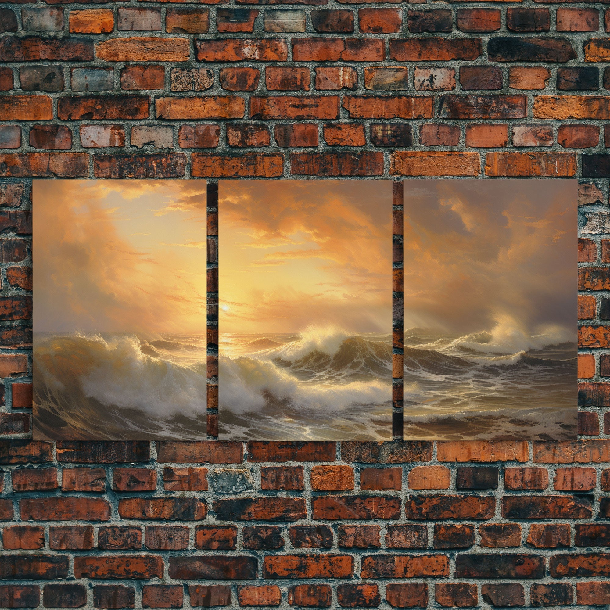 3 Piece Sunrise Ocean Painting On Canvas, Abstract Sea Landscape