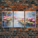 Water Lily Art, Lotus Wall Print, Lake Wall Art, Canvas Print, Wall Art, 3 Piece Wall Art, Botanical Art Print, Boho Wall Art, Kitchen Art