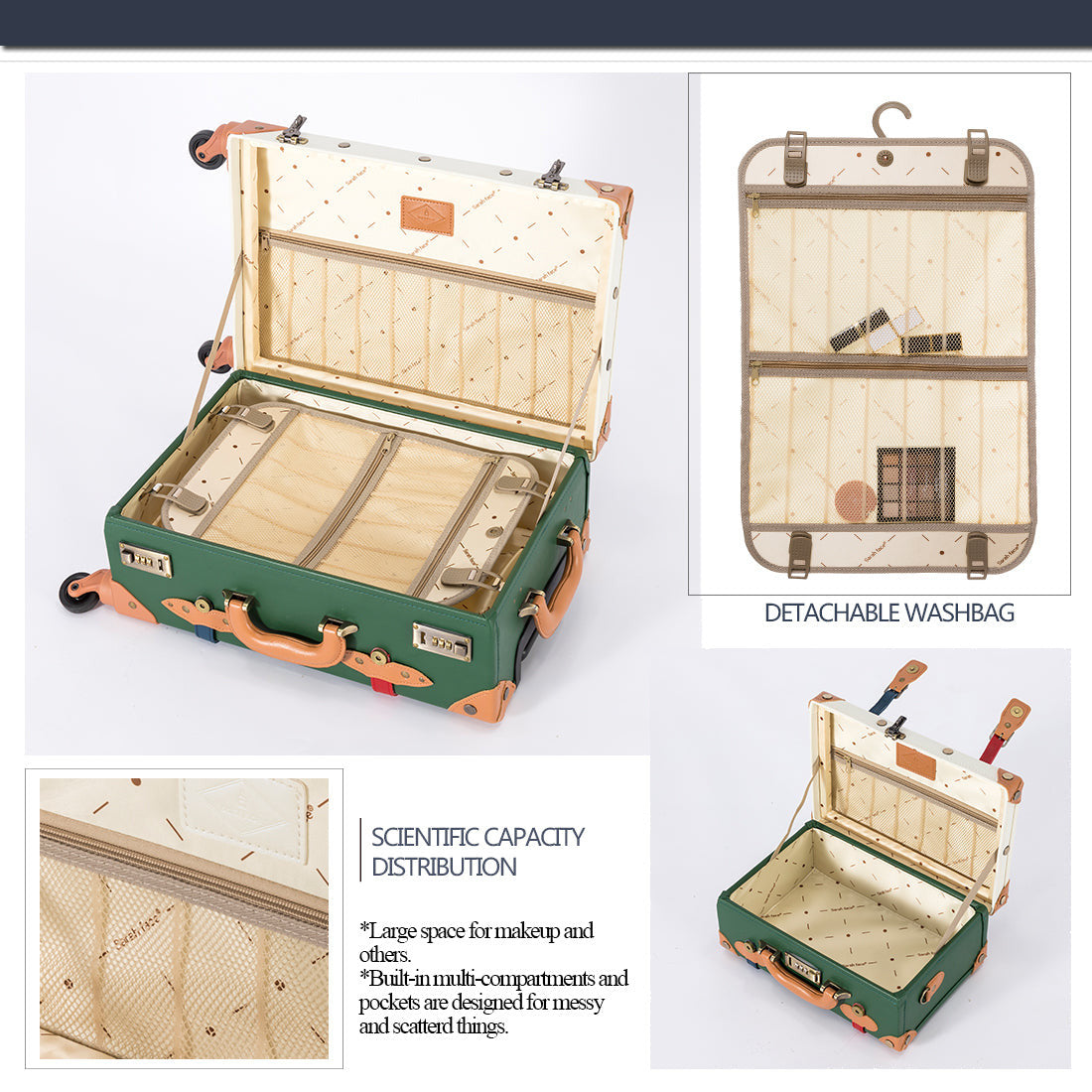 SarahFace 2 Pieces Luggage Sets - Green/Pearl's