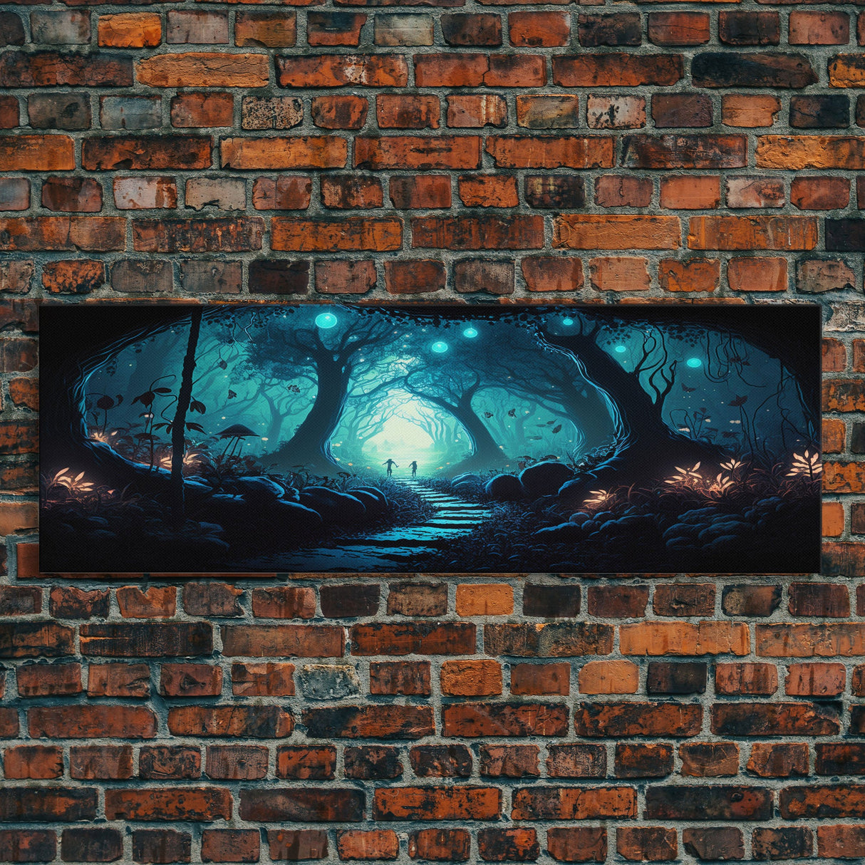 The mycelium Networrk, Fantasy Art, Framed Canvas Print, Bioluminescent Fantasy Forest At Night, Blue Glowing Ambience Art