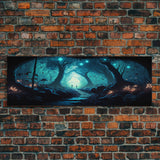 The mycelium Networrk, Fantasy Art, Framed Canvas Print, Bioluminescent Fantasy Forest At Night, Blue Glowing Ambience Art