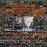 Streetcars In The City Canvas Print, Vintage Art, People On Sidewalk, City Art, Large Urban Art Print, Panoramic, Wall Art, Canvas Print