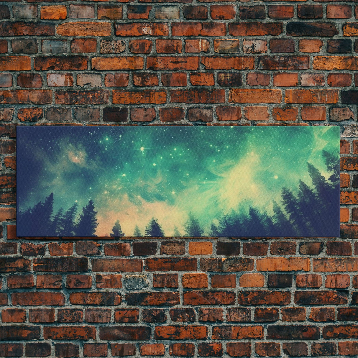 Green Night Sky Watercolor Art Print, Forest Canvas Art, Dark Forest Art, Starry Night Sky, Galaxy Art, Panoramic, Wall Art, Canvas Print