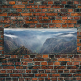 Ultrawide Panoramic Watercolor Landscape Painting Of A Desert Canyon, Framed Canvas Print, Subdued Boho Minimalist Wall Art, Guest Room Art