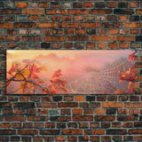 Dew Covered Spiderweb In The Fall, Framed Canvas Print, Autumn Centerpiece, Fall Leaves In The Autumn