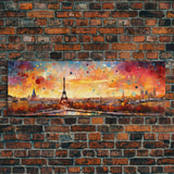 Eiffel Tower Abstract Paris France Panoramic Framed Canvas Print, Van Gogh Inspired Original Painting, Colorful Wall Art