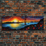 Golden Gate Bridge San Francisco Abstract Panoramic Framed Canvas Print, Van Gogh Inspired Original Painting, Colorful California Wall Art