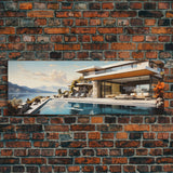 Midcentury Modern Architecture Painting Framed Canvas Print, Beautiful MCM House On Lake Tahoe, Livingroom Centerpiece Wall Art
