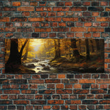 The Forest In The Autumn, Fall Centerpiece, Panoramic Painting Framed Canvas Print, Fall Decor, Orange Leaves Falling In The Forest