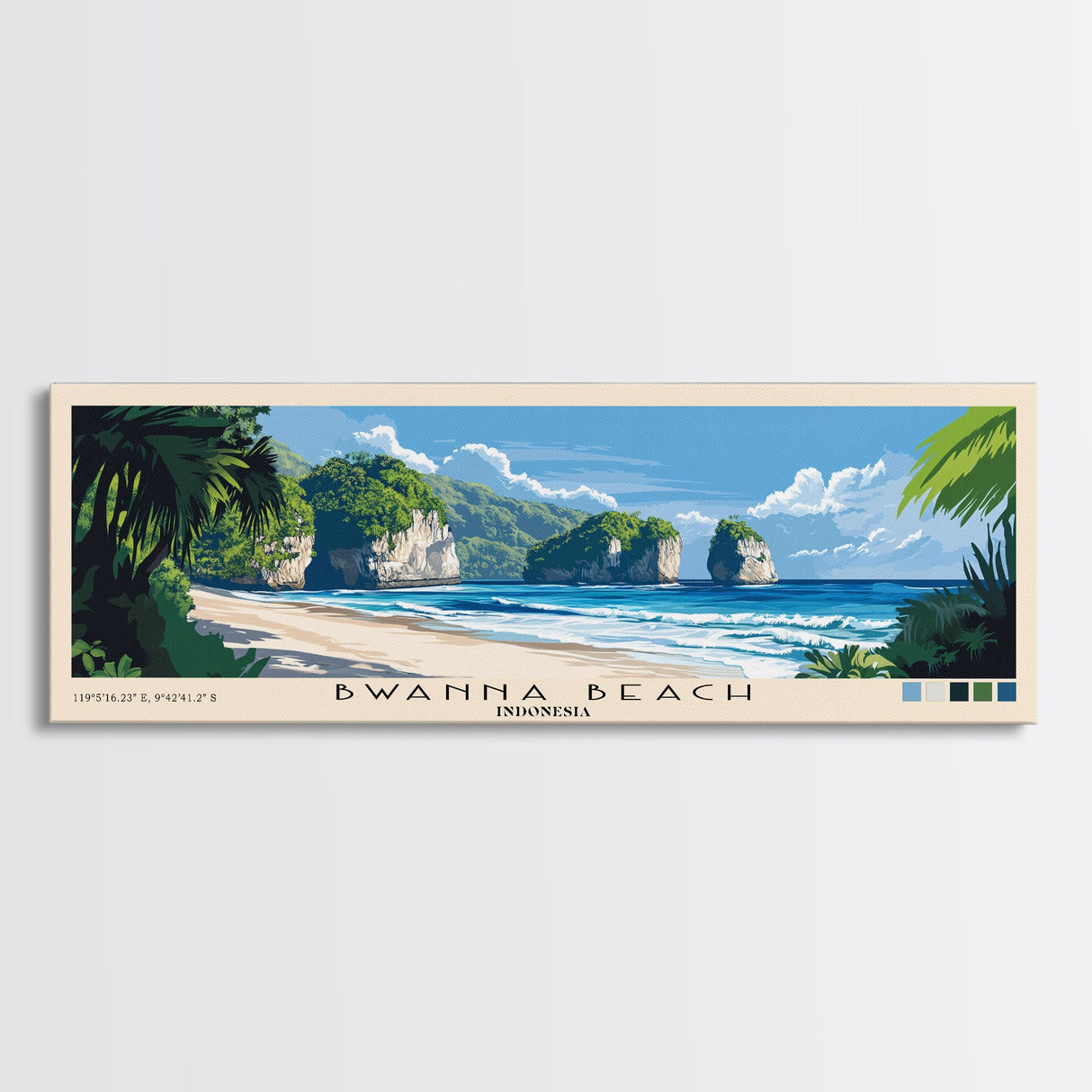Bwanna Beach, Indonesia Panoramic Beach Print, Vacation Gift, Indonesia Wall Art, Framed Canvas Print, Framed Beach Painting