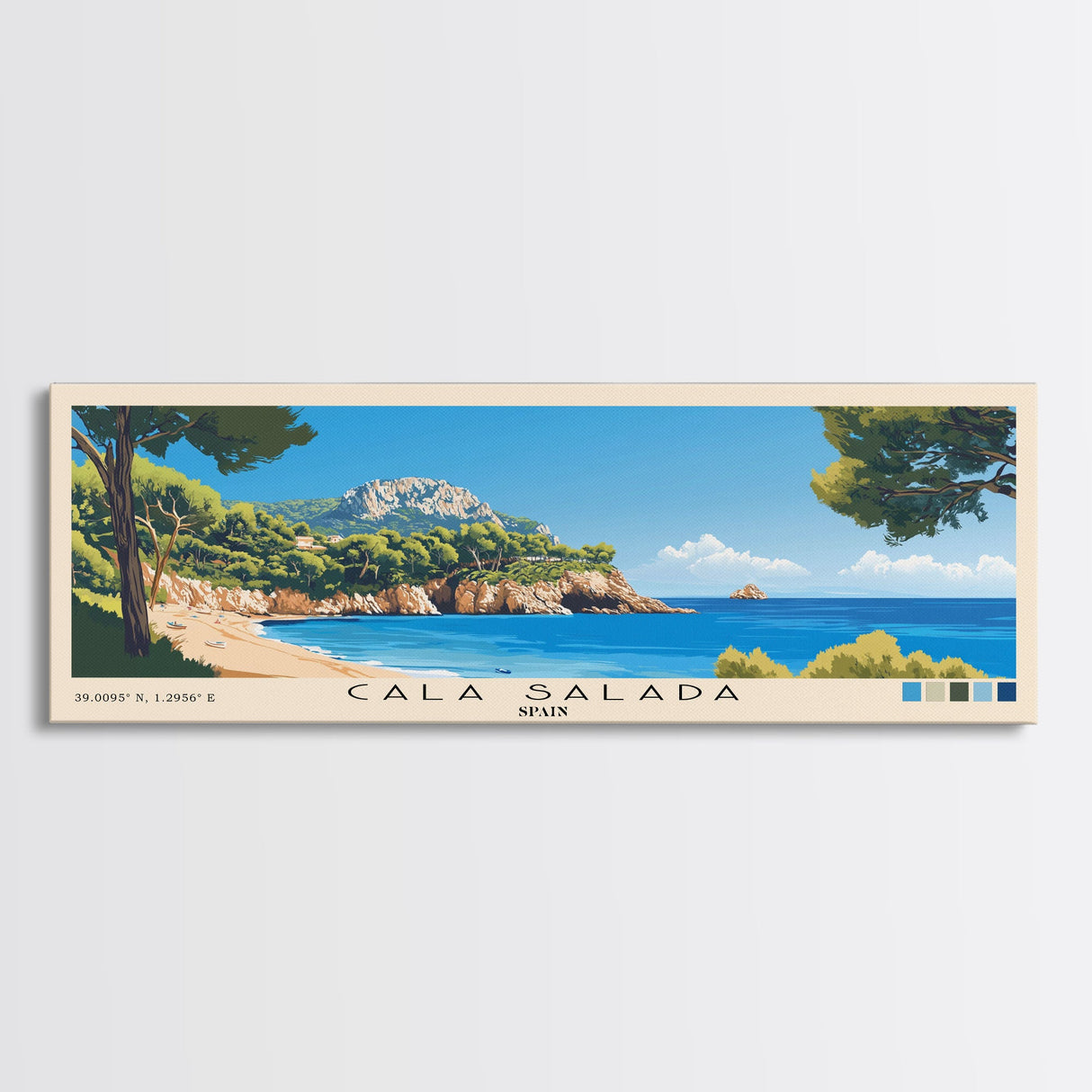 Cala Salada, Spain Panoramic Beach Print, Vacation Gift, Spain Wall Art, Beach Painting, Beach Decor, Beach Painting