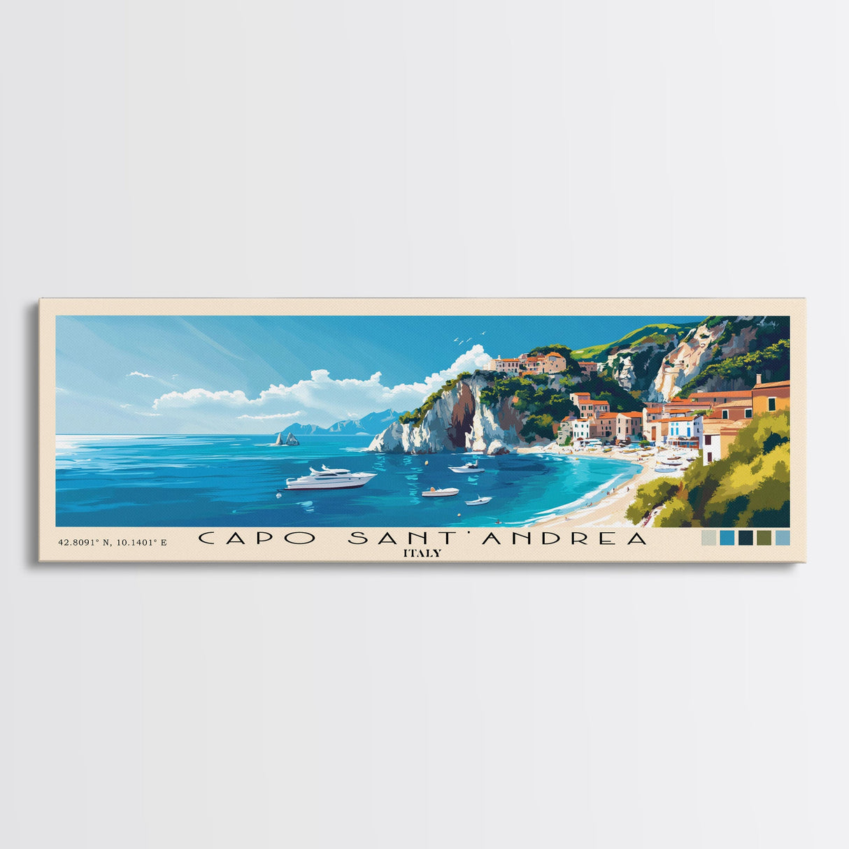 Capo Sant’Andrea, Italy Panoramic Beach Print, Vacation Gift, Italy Wall Art, Framed Canvas Print, Framed Beach Painting