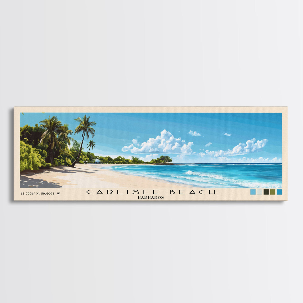 Carlisle Beach, Barbados Panoramic Beach Print, Vacation Gift, Barbados Wall Art, Framed Canvas Print, Framed Beach Painting