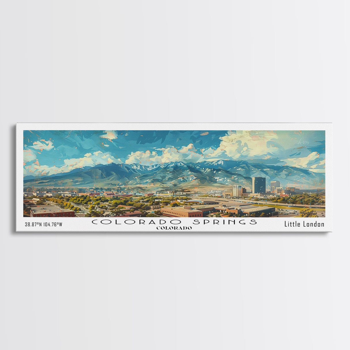 Colorado Springs Colorado Panoramic Watercolor Painting Framed Canvas Print, Travel Poster Art, Mountain Cityscape, Living Room Decor, Wall Art, Office Decoration, Colorado Gift