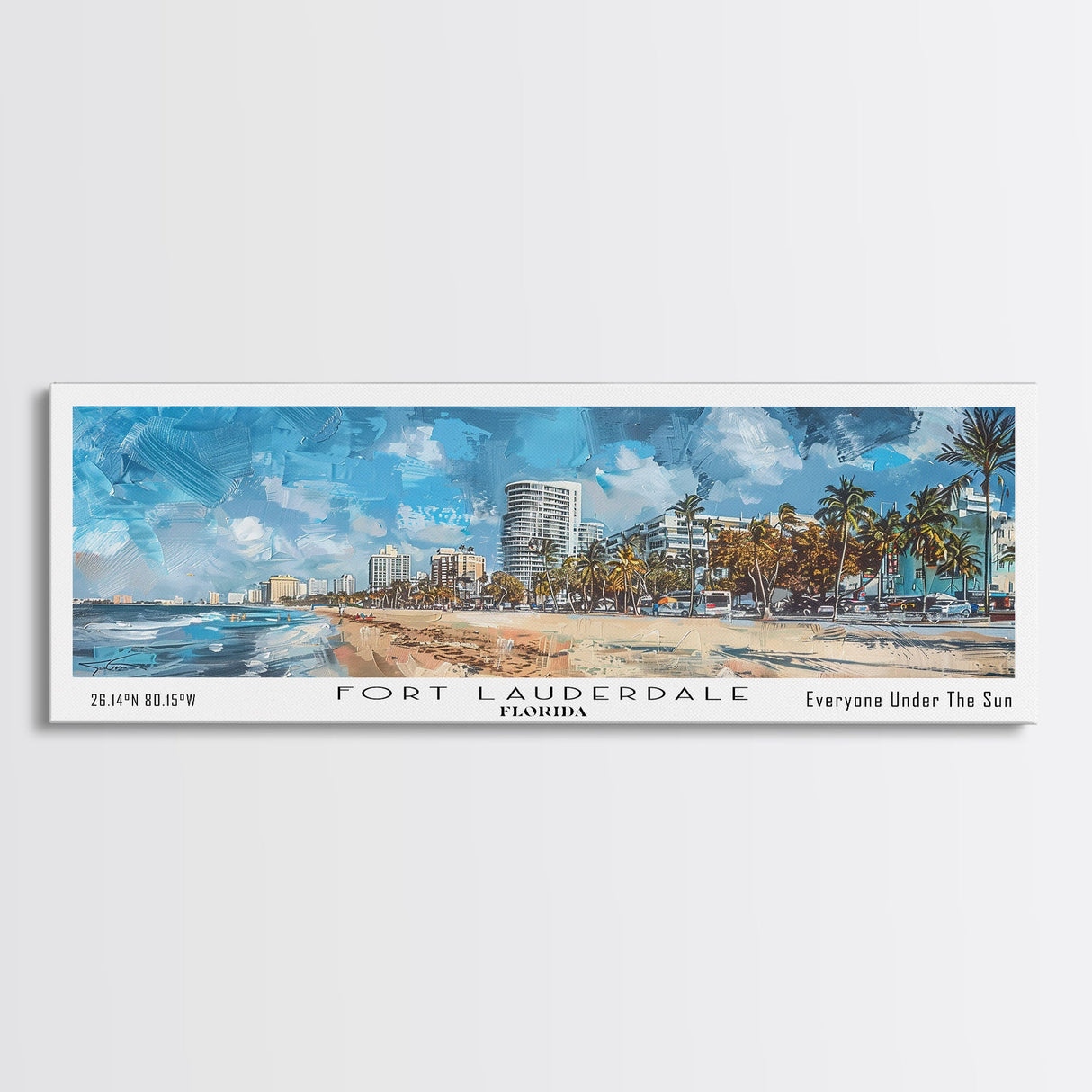 Fort Lauderdale Florida Panoramic Watercolor Painting, Scenic Framed Canvas Print, Urban Wall Art for Living Room, Travel Poster, Home Decor, City Gift Idea