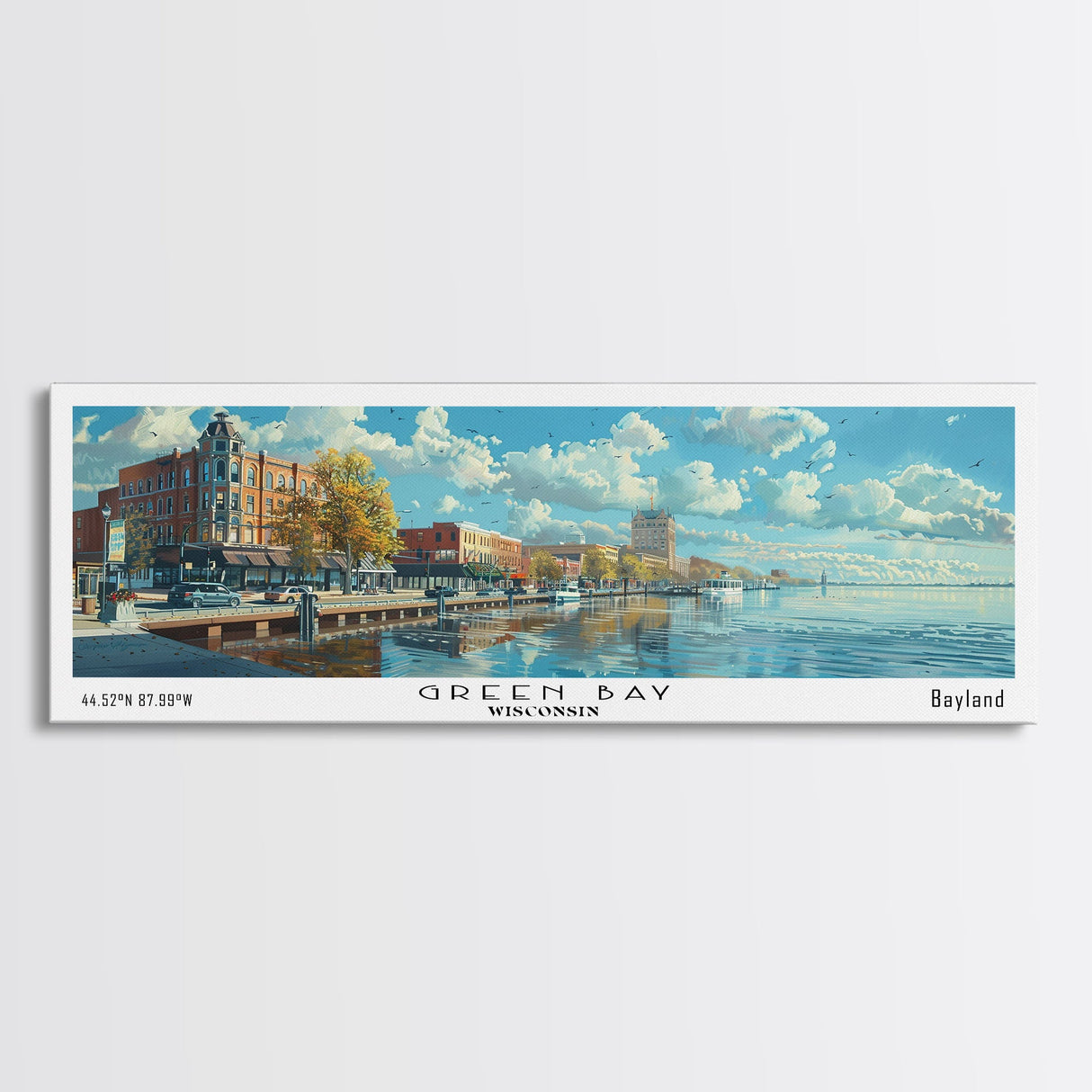 Green Bay Wisconsin Panoramic Watercolor Painting, Urban Framed Canvas Print, Cityscape Wall Art for Office, Travel Decor, Home Gift Idea