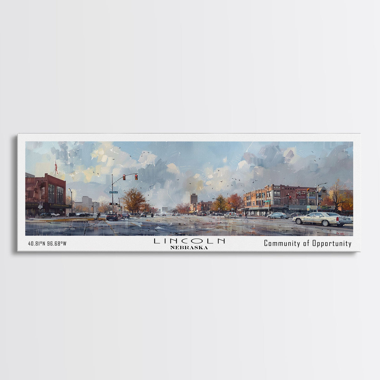Lincoln Nebraska Panoramic Watercolor Cityscape, Framed Canvas Print for Living Room, Office Wall Art, Urban Decor, Travel Poster
