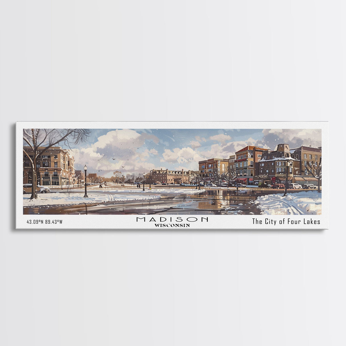 Madison Wisconsin Panoramic Watercolor Cityscape, Framed Canvas Print for Living Room, Office Wall Art, Urban Decor, Travel Poster