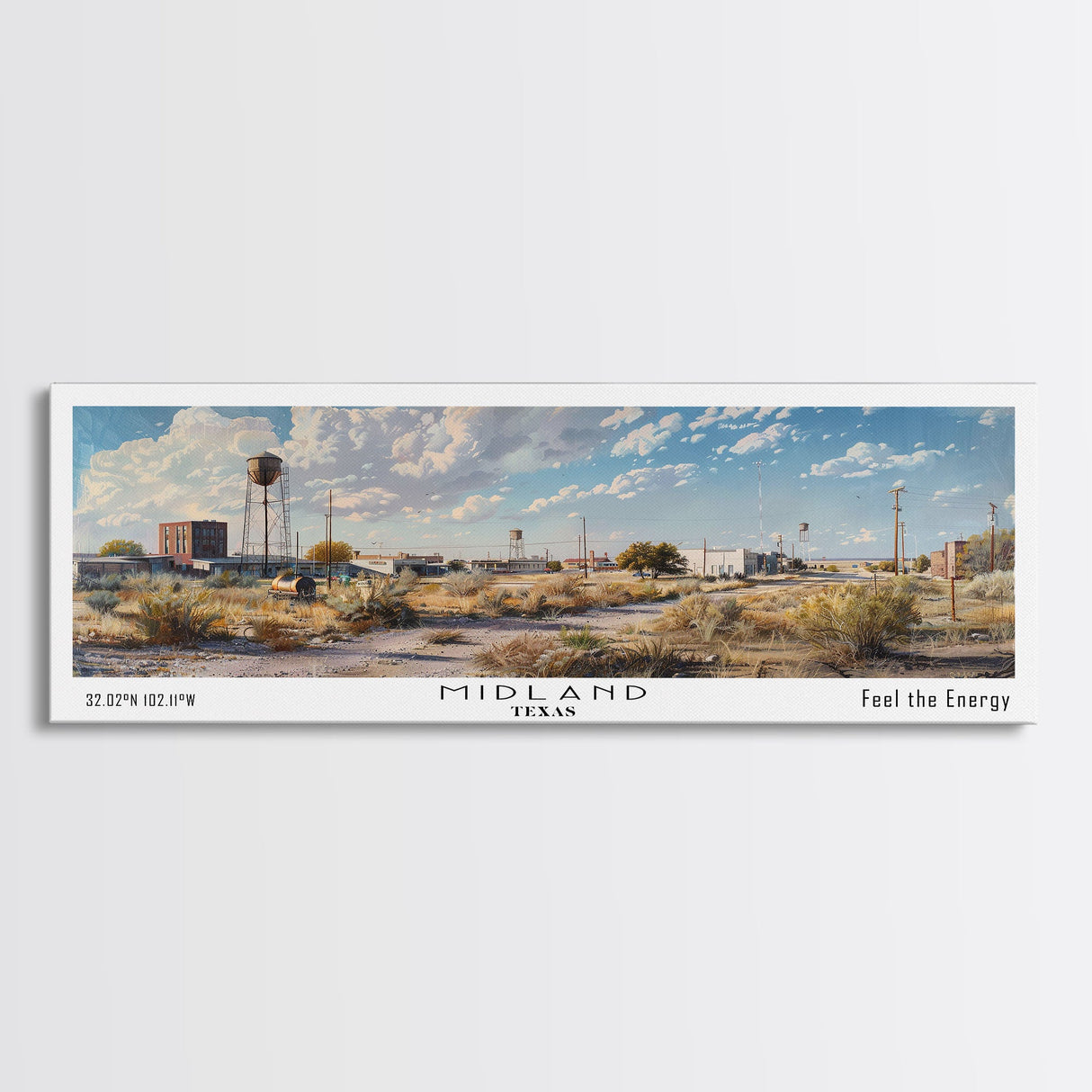 Midland Texas Panoramic Framed Canvas Print, Stunning Watercolor Painting, Office Wall Art, Travel Poster, Home Decor, City Art, Gift Idea